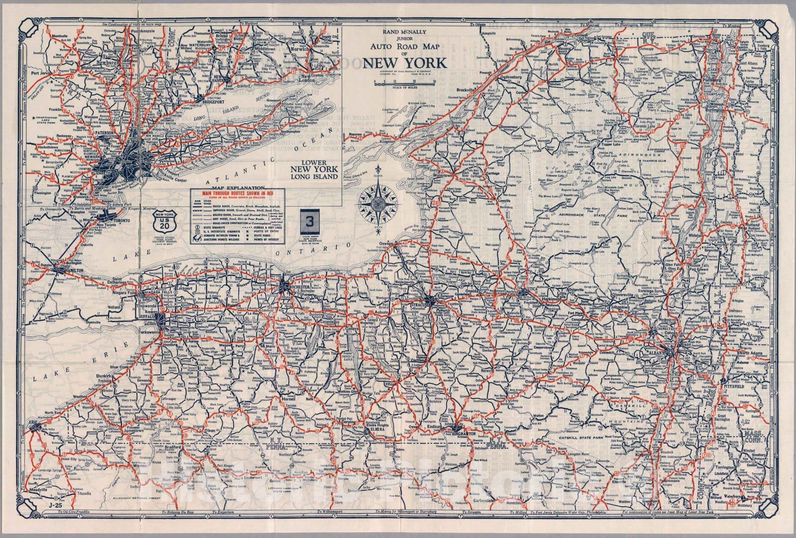 Historic Map : Rand McNally junior auto road map : New York, 1927 - Vintage Wall Art