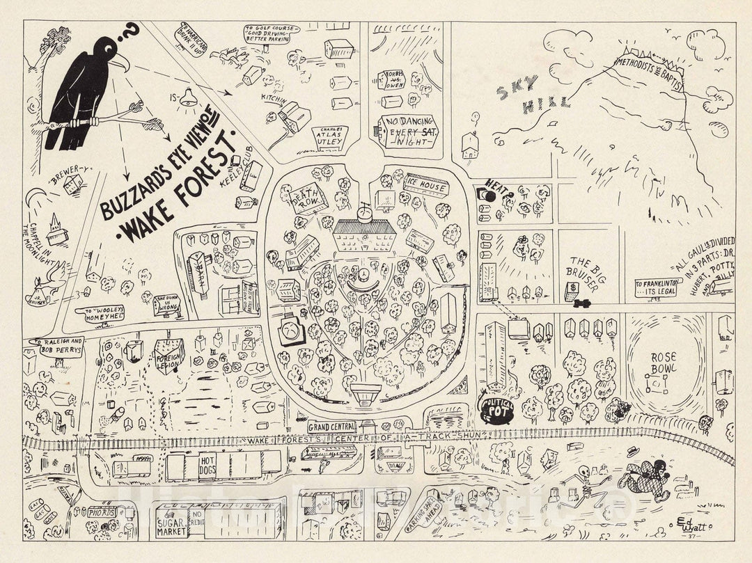 Historic Map : Buzzard's eye view of Wake Forest 1937 - Vintage Wall Art