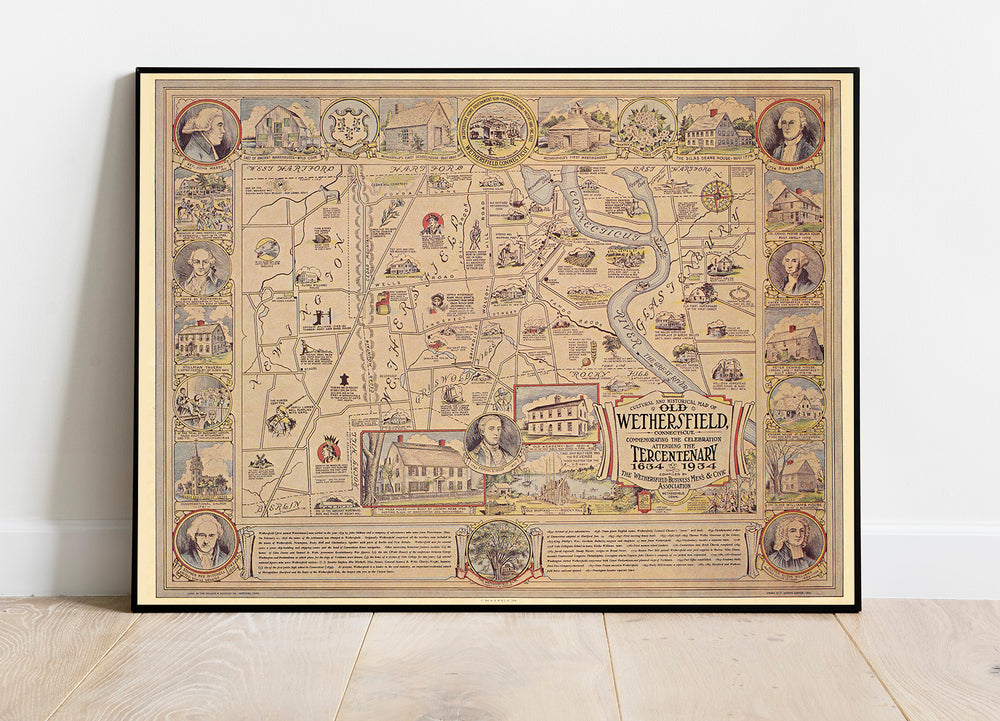 Historic Map - Cultural and map of old Wethersfield, Connecticut, 1934, - Vintage Wall Art