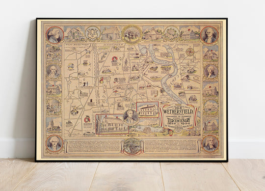 Historic Map - Cultural and map of old Wethersfield, Connecticut, 1934, - Vintage Wall Art