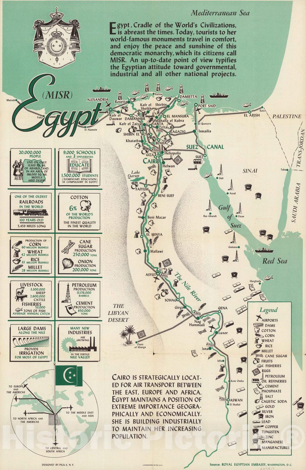 Historic Map : Egypt (MISR). Royal Egyptian Embassy, Washington, D.C. Designed by Picks-S, N. Y. Lithographed in the U.S.A 1949 - Vintage Wall Art