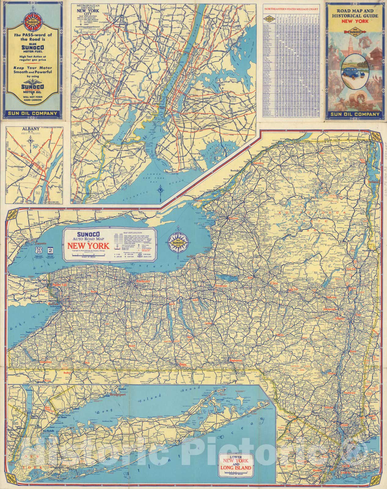 Historic Wall Map : Sunoco Auto road map New York, 1934 - Vintage Wall Art