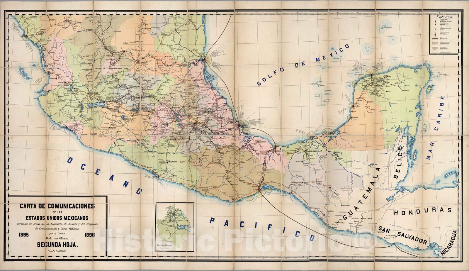 Historic Map : Mexico, Case Map, Carta de Comunicaciones de los Estados Unidos Mexicanos. Segunda Hoja. 1896 , Vintage Wall Art
