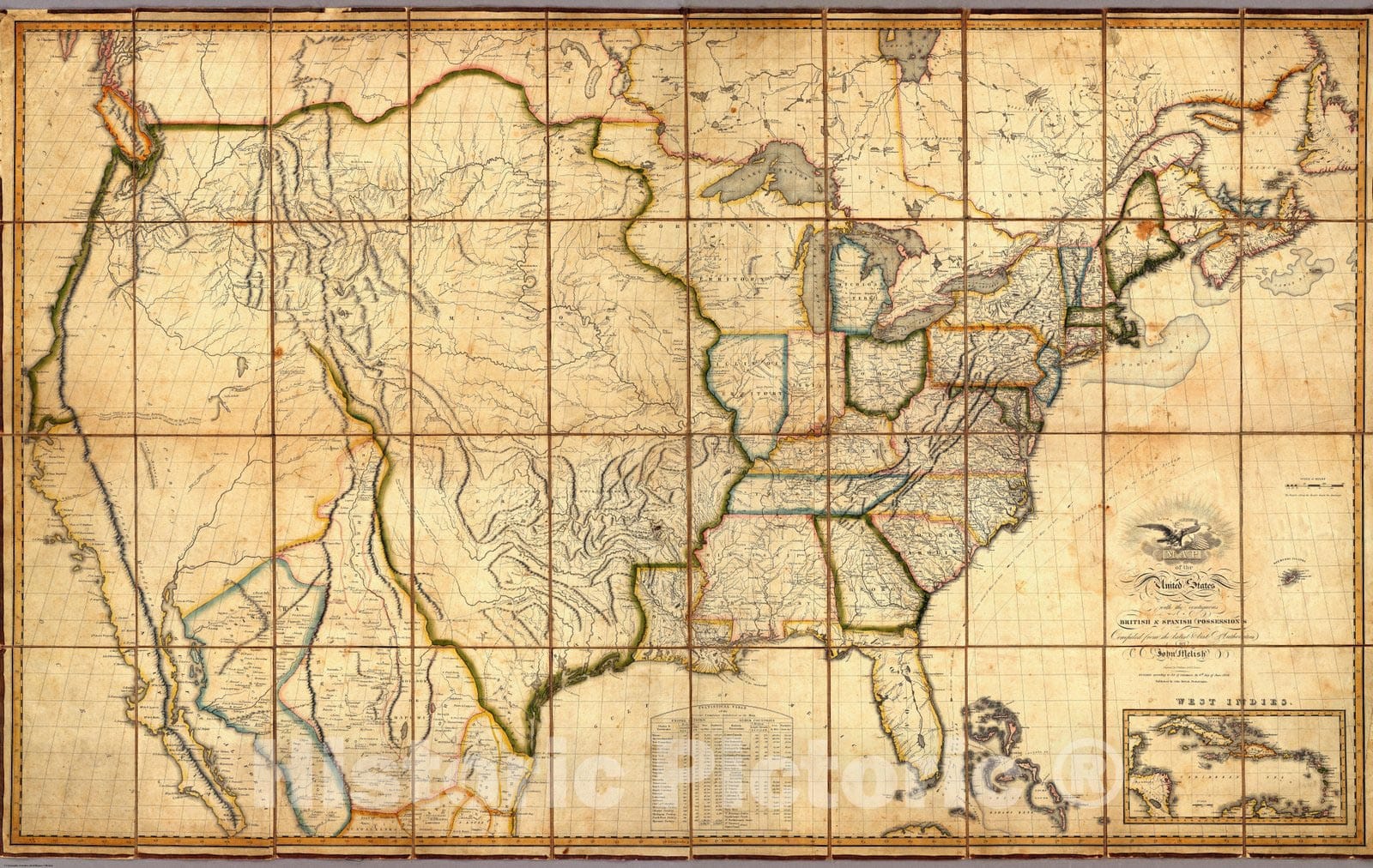 Historic Map : Map of the United States with the Contiguous British & Spanish Possessions, 1823, John Melish, Vintage Wall Art