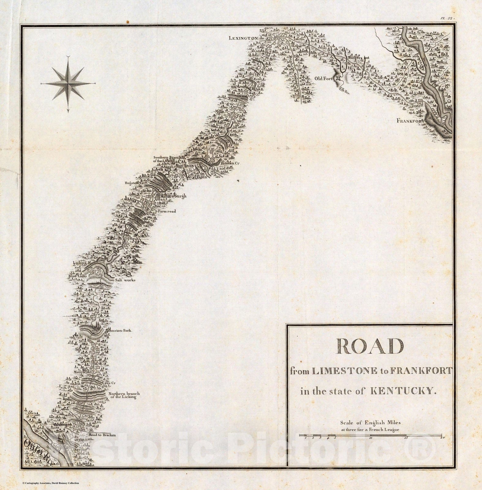 Historic Map : Road from Limestone to Frankfort in the state of Kentucky. 1796 - Vintage Wall Art