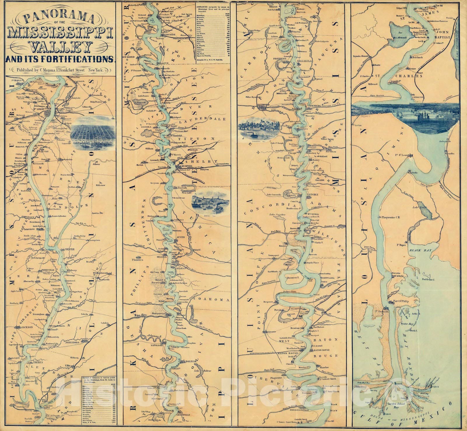 Historic Map - Panorama of the Mississippi Valley and its Fortifications, 1862, Charles Magnus - Vintage Wall Art