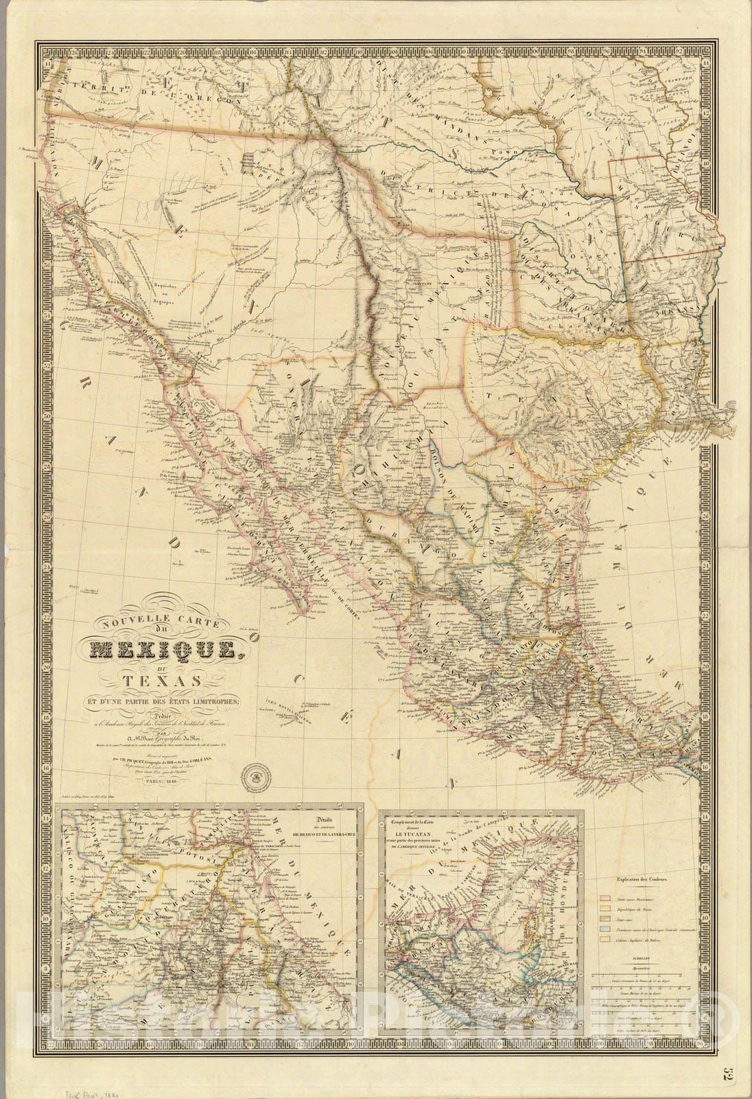 Historic Map : Mexico, Texas, Nouvelle Carte du Mexique, Du Texas. 1840 , Vintage Wall Art