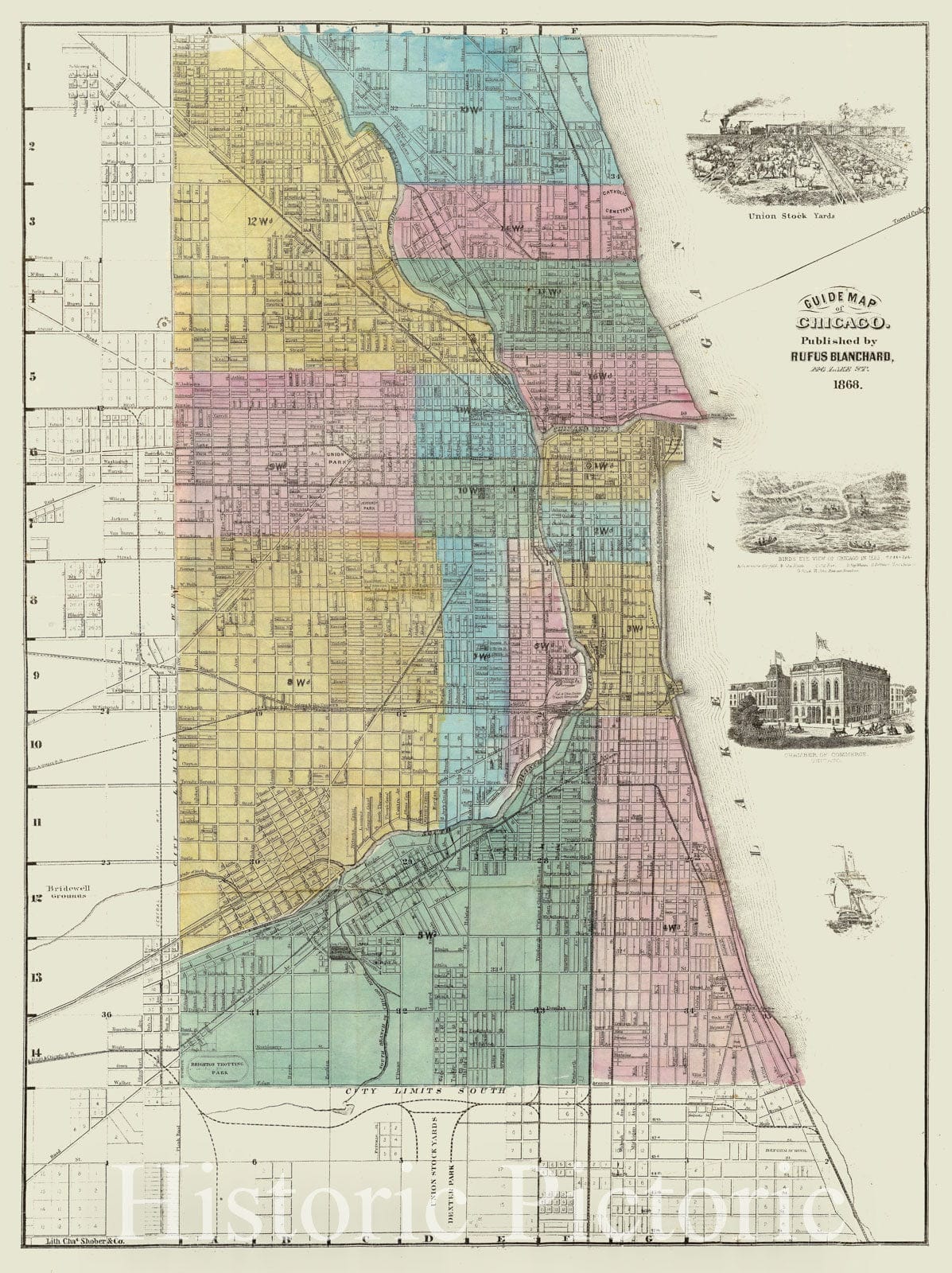 Historic Guide Map of Chicago, Illinois (IL) 1869 - Vintage Wall Art