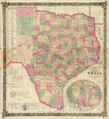 Historic Map : J. De Cordova's Map of The State of Texas, 1867 - Vintage Wall Art