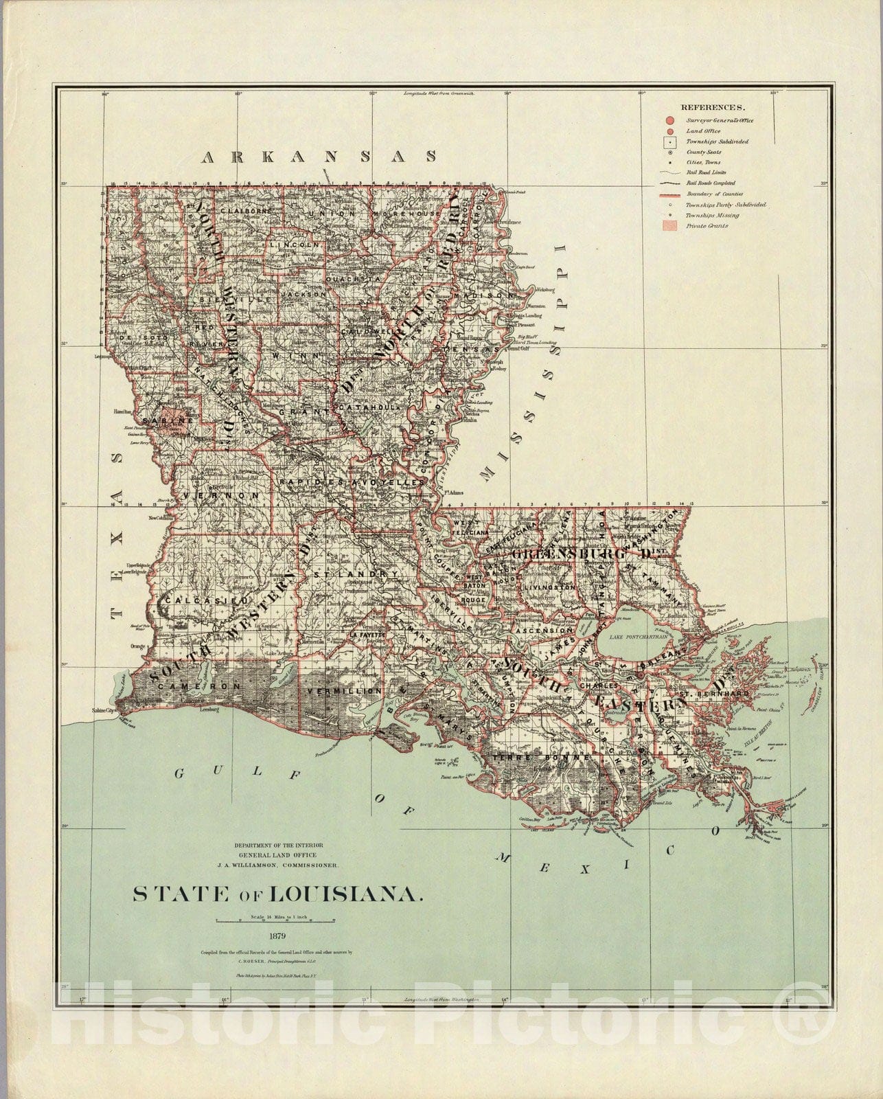 Historic Map : Department of The Interior General Land office Map - State of Louisiana. 1879 - Vintage Wall Art