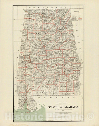 Historic Map : Department of The Interior General Land office Map - State of Alabama. 1878 - Vintage Wall Art