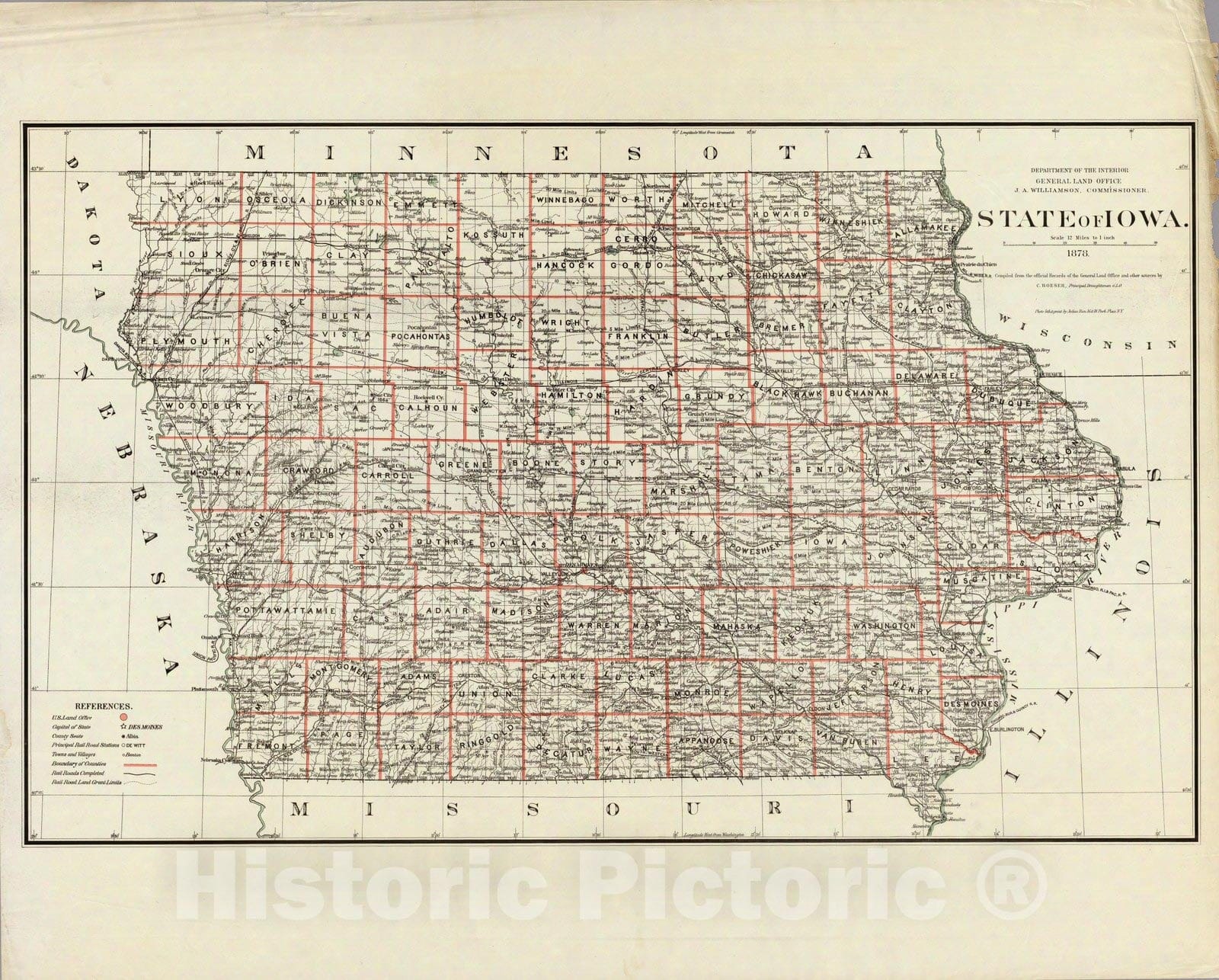 Historic Map : Department of The Interior General Land office Map - State of Iowa. 1878 - Vintage Wall Art