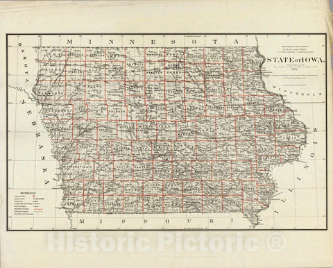 Historic Map : Department of The Interior General Land office Map - State of Iowa. 1878 - Vintage Wall Art