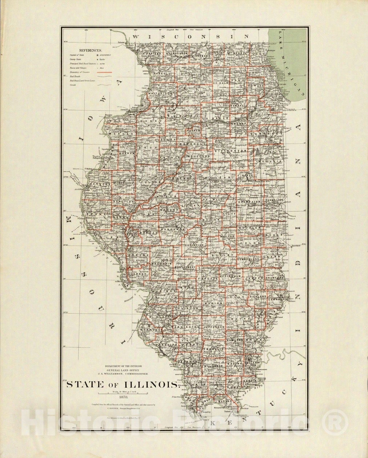 Historic Map : Department of The Interior General Land office Map - State of Illinois. 1878 - Vintage Wall Art