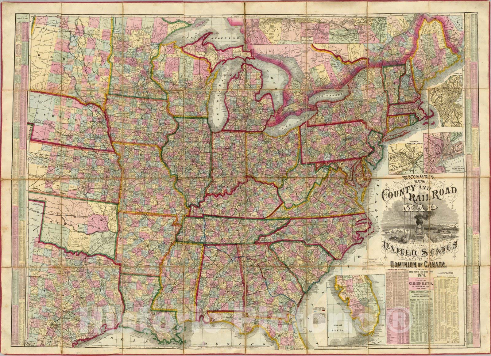 Historic Map : Watson's New County and Railroad Map of the United States, 1874 - Vintage Wall Art