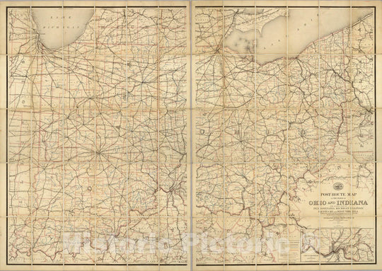 Historic Map : Post route map of the states of Ohio and Indiana with Cinncinnati and environs, 1884 - Vintage Wall Art