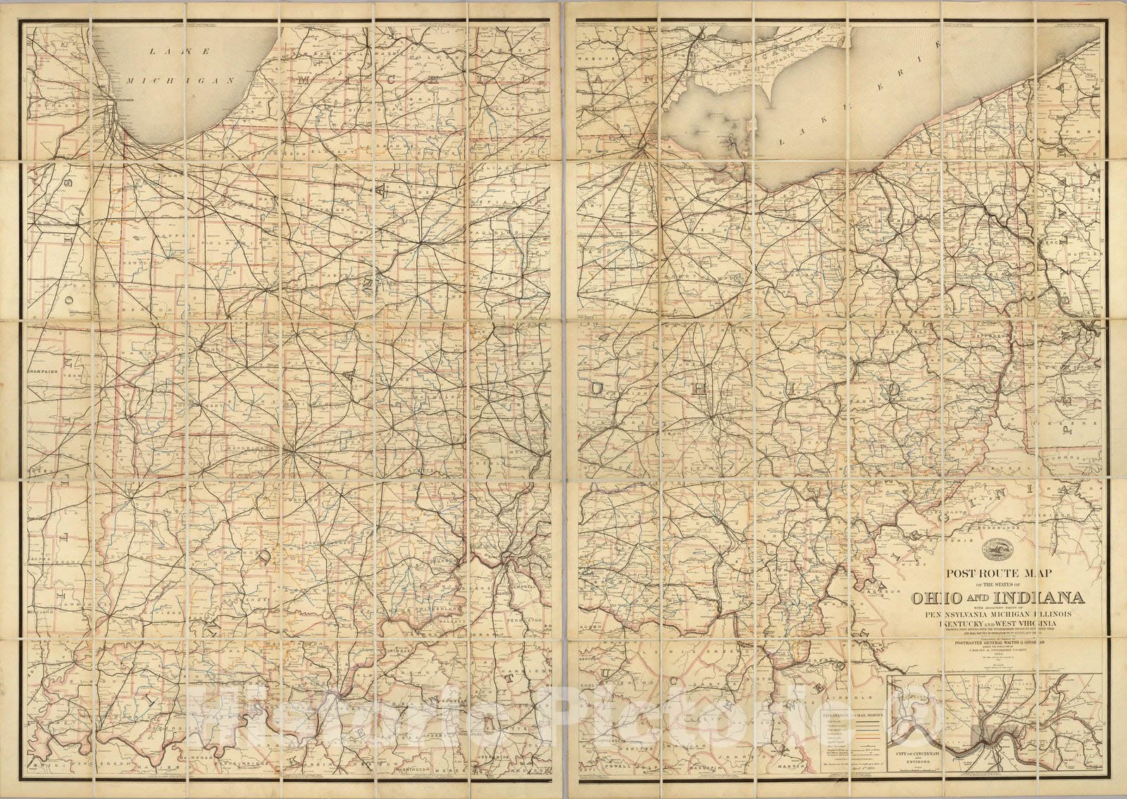 Historic Map : Post route map of the states of Ohio and Indiana with Cinncinnati and environs, 1884 - Vintage Wall Art