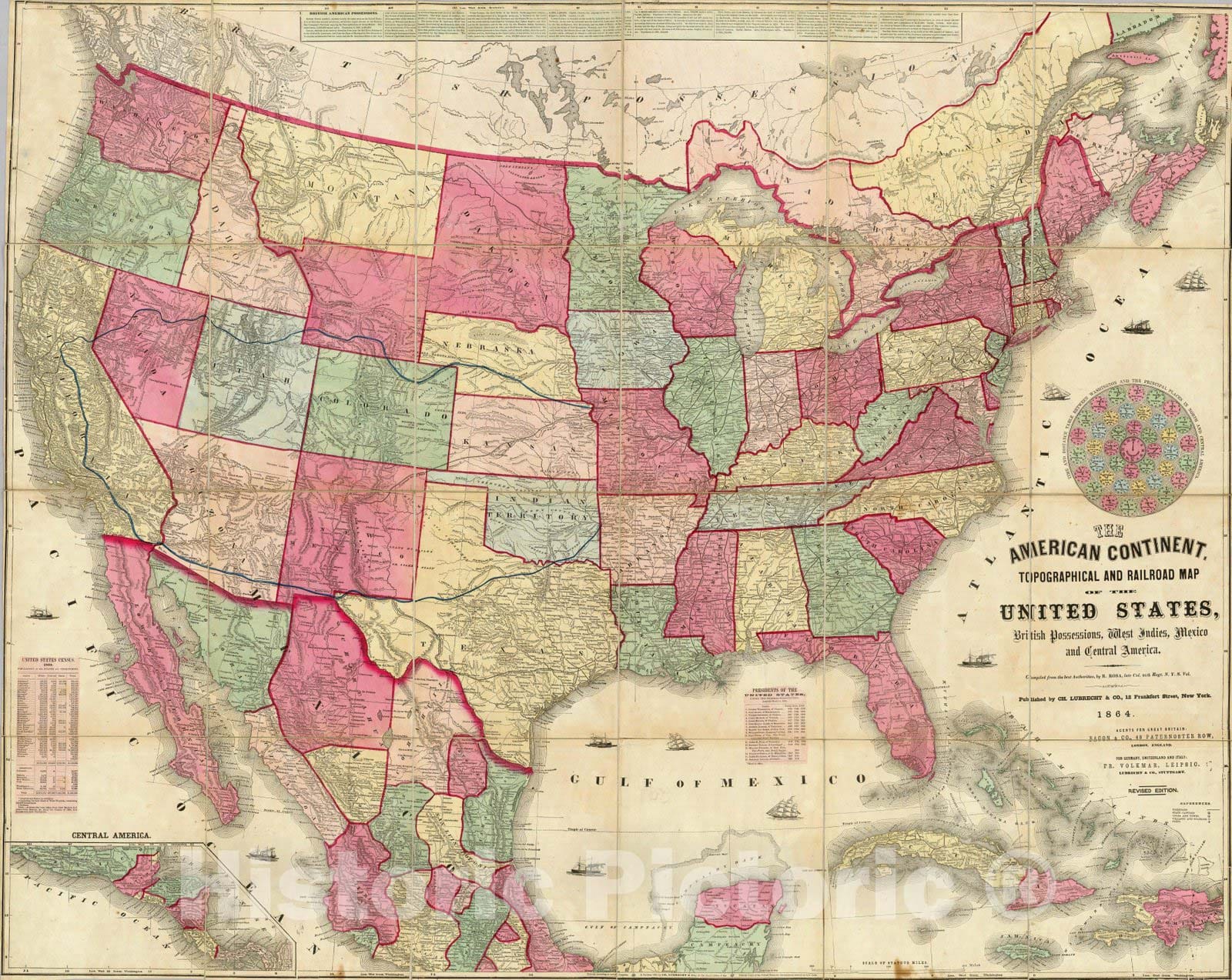Historic Map : Case Map, American Continent: United States, British Possessons, West Indies, Mexico, Central America 1864 - Vintage Wall Art