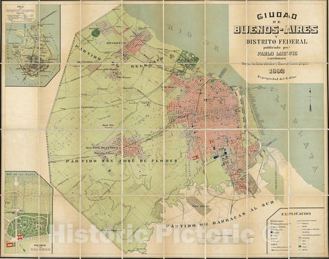 Historic Map : Argentina , Buenos Aires (Argentina), Pocket Map, Ciudad de Buenos-Aires y Distrito Federal. 1892 , Vintage Wall Art