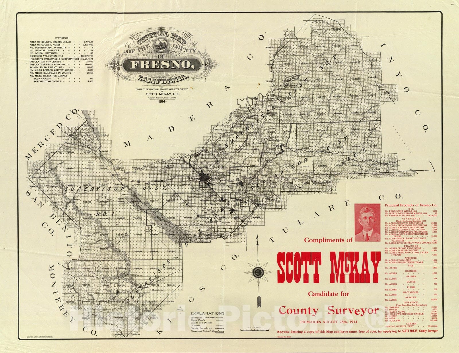 Historic Map : Map Fresno County, 1914 - Vintage Wall Art