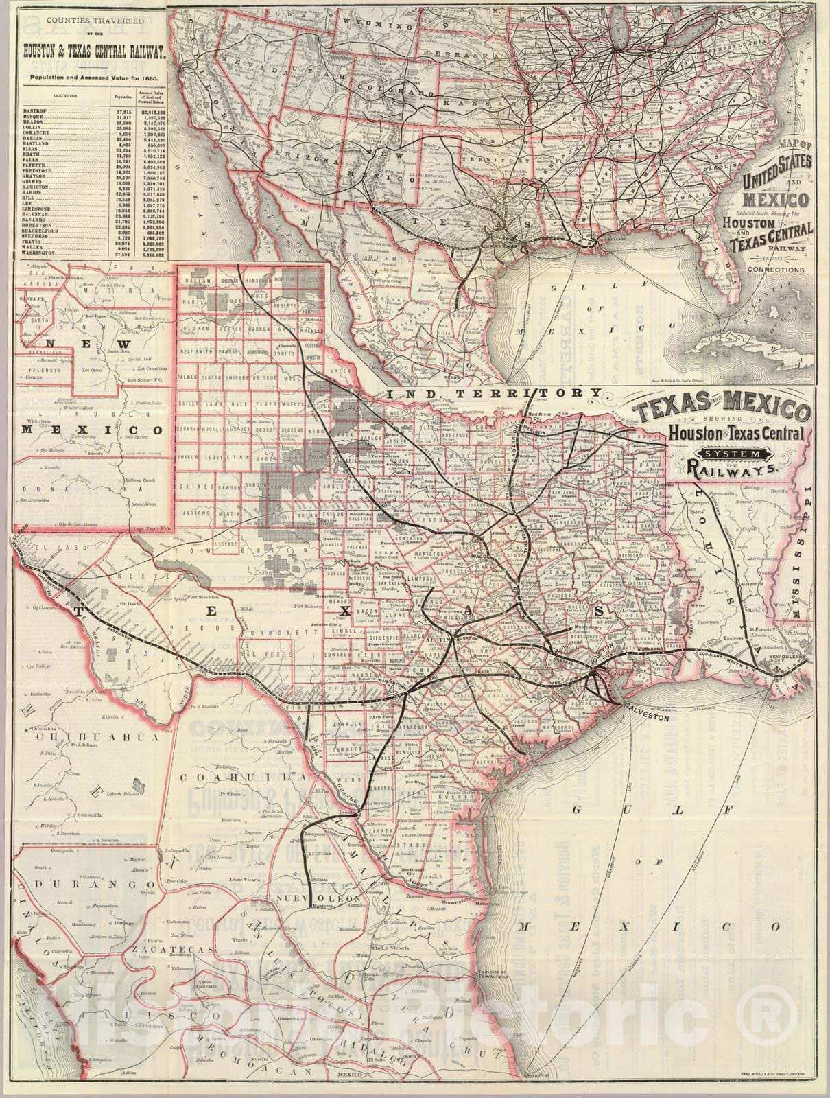 Historic Map : Timetable Map, Texas and Mexico, Houston and Texas Central railways. 1885 - Vintage Wall Art