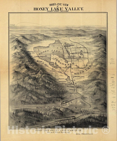 Historic Map : Bird's eye view, Honey Lake Valley. 1891 - Vintage Wall Art
