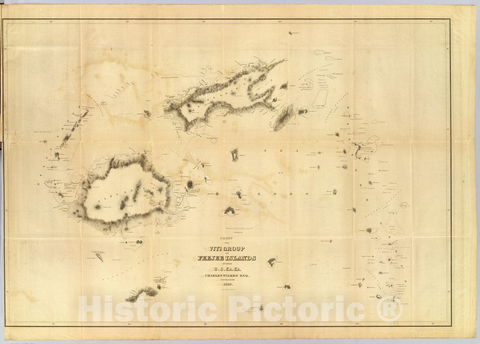 Historic Map - Exploration Book, Chart of the Viti Group or Feejee Islands. 1840, - Vintage Wall Art