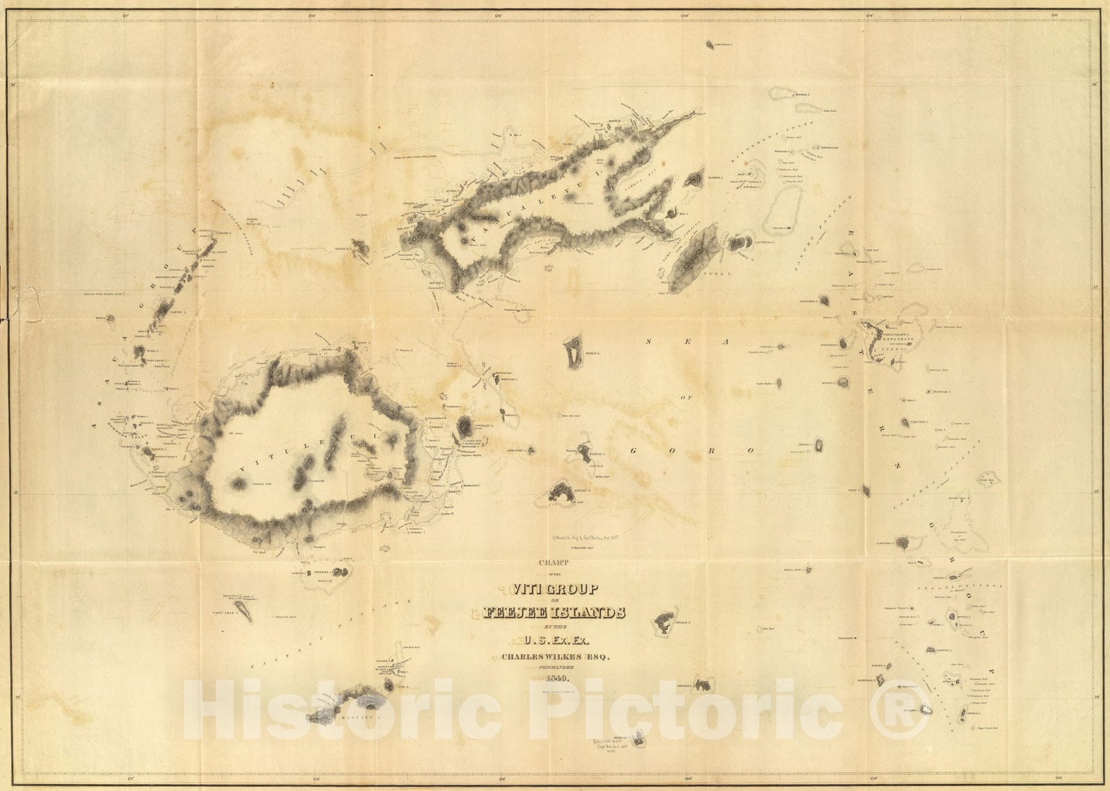 Historic Map - Exploration Book, Chart of the Viti Group or Feejee Islands. 1840, - Vintage Wall Art