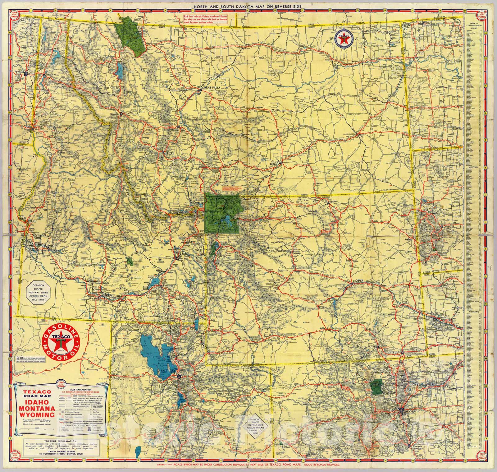 Historic Map : Road map Idaho, Mont, Wyo, 1937 - Vintage Wall Art
