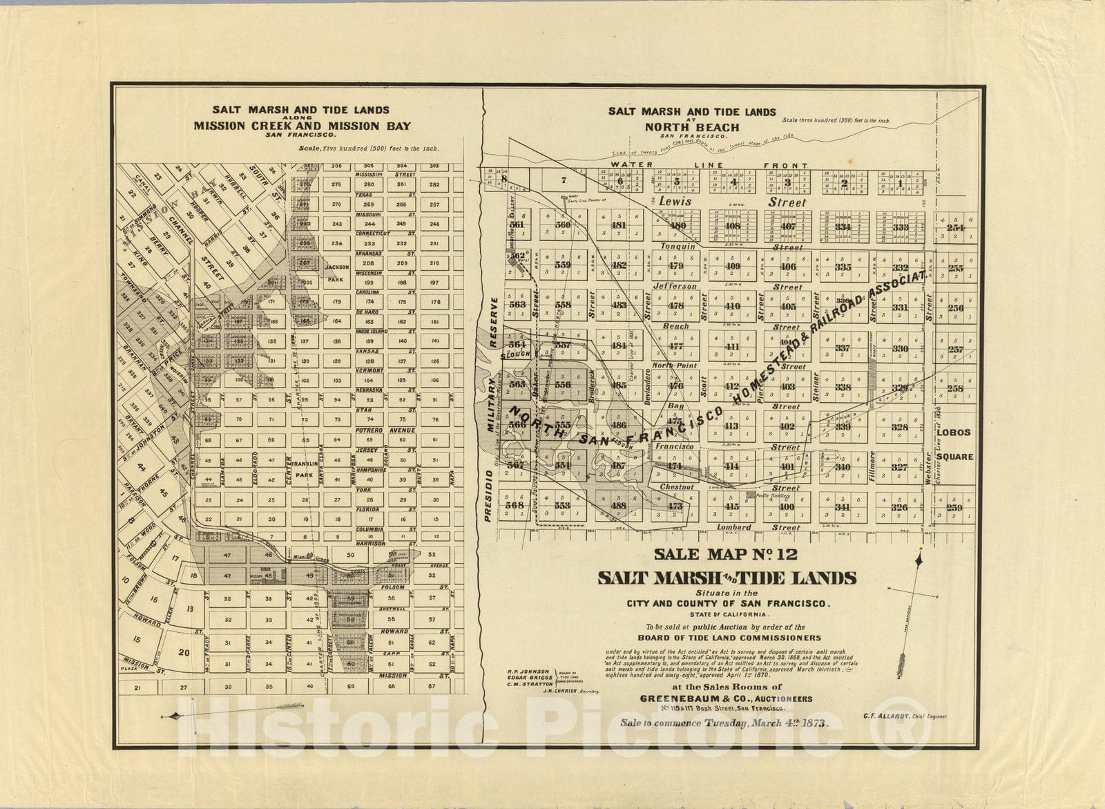 Historic Map : Sale map no. 12. Salt marsh and tide lands situate in the city and county of San Francisco, 1873 - Vintage Wall Art