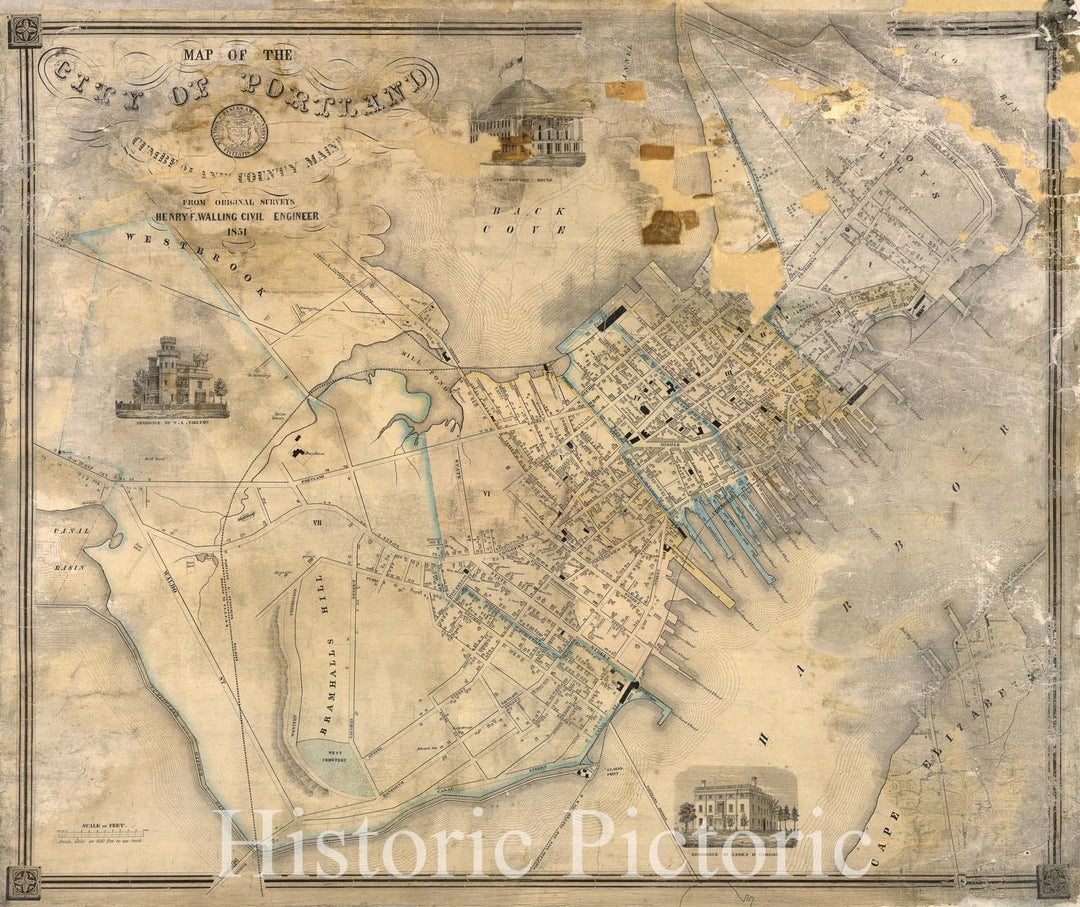 Historic Map - Map of The City of Portland Cumberland County Maine, 1851, - Vintage Wall Art
