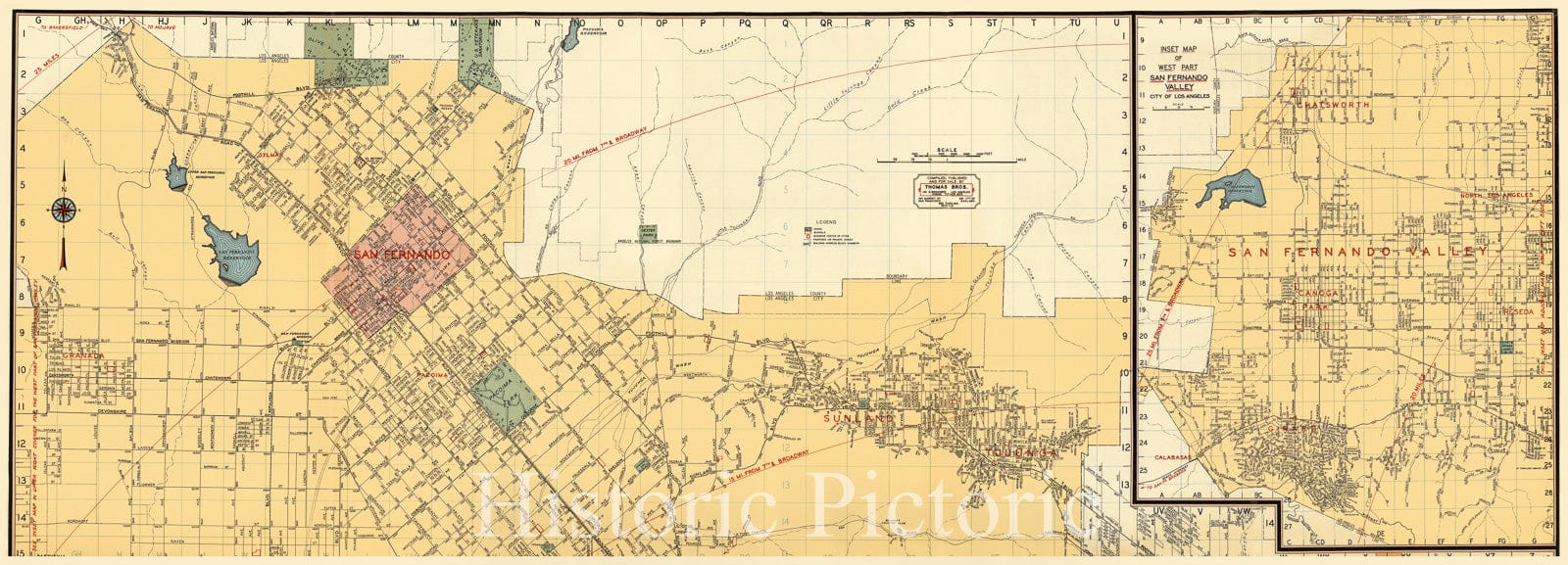 Historic Map : San Fernando. Inset Map of West Part San Fernando Valley, City of Los Angeles, California., 1938, Vintage Wall Decor