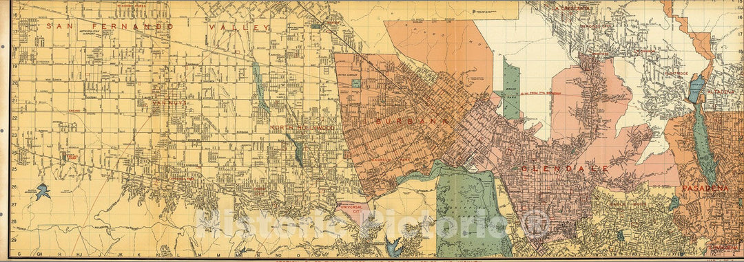 Historic Map : San Fernando Valley. Van Nuys. North Hollywood. Universal City. Burbank. Glendale. Pasadena. Altadena, California., 1938, Vintage Wall Decor