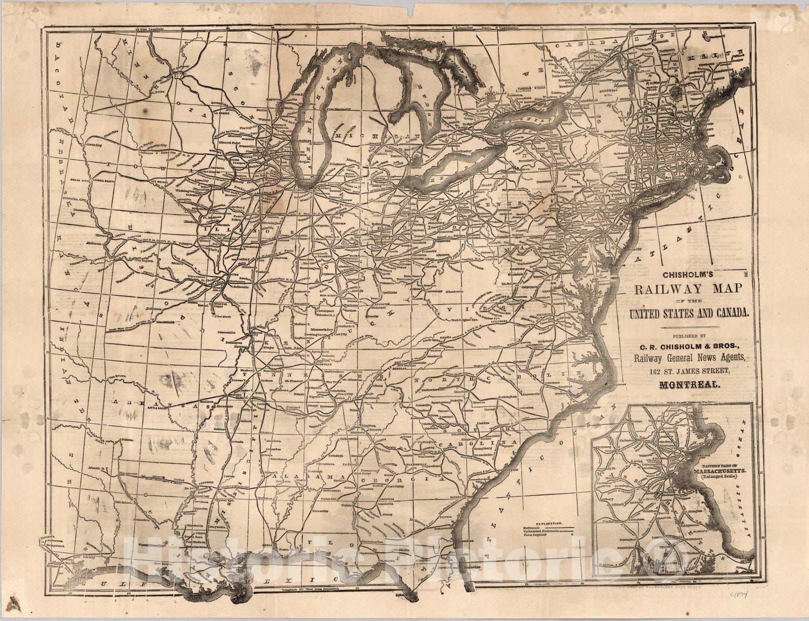 Historic Map : Railway Map of The United States And Canada, 1874 - Vintage Wall Art