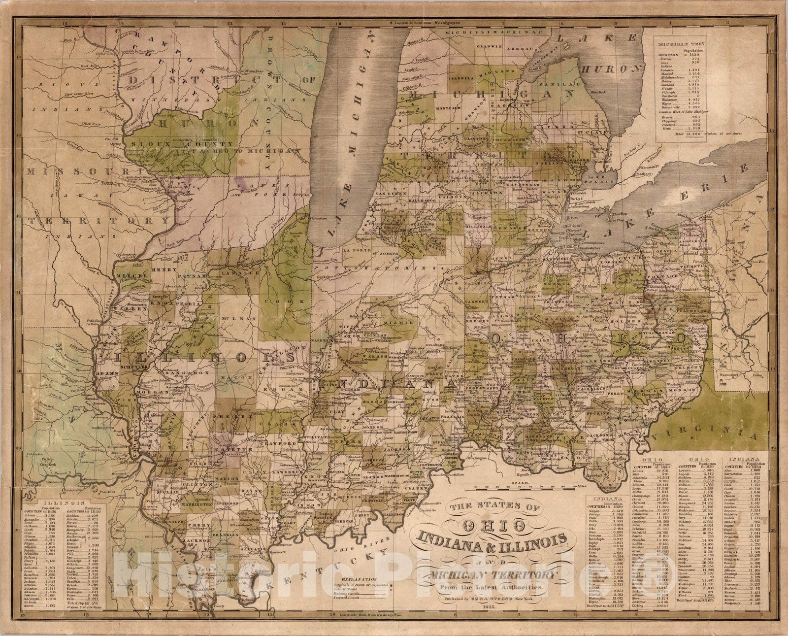 Historic Map : Pocket Map, States of Ohio Indiana and Illinois And Michigan Territory 1835 - Vintage Wall Art
