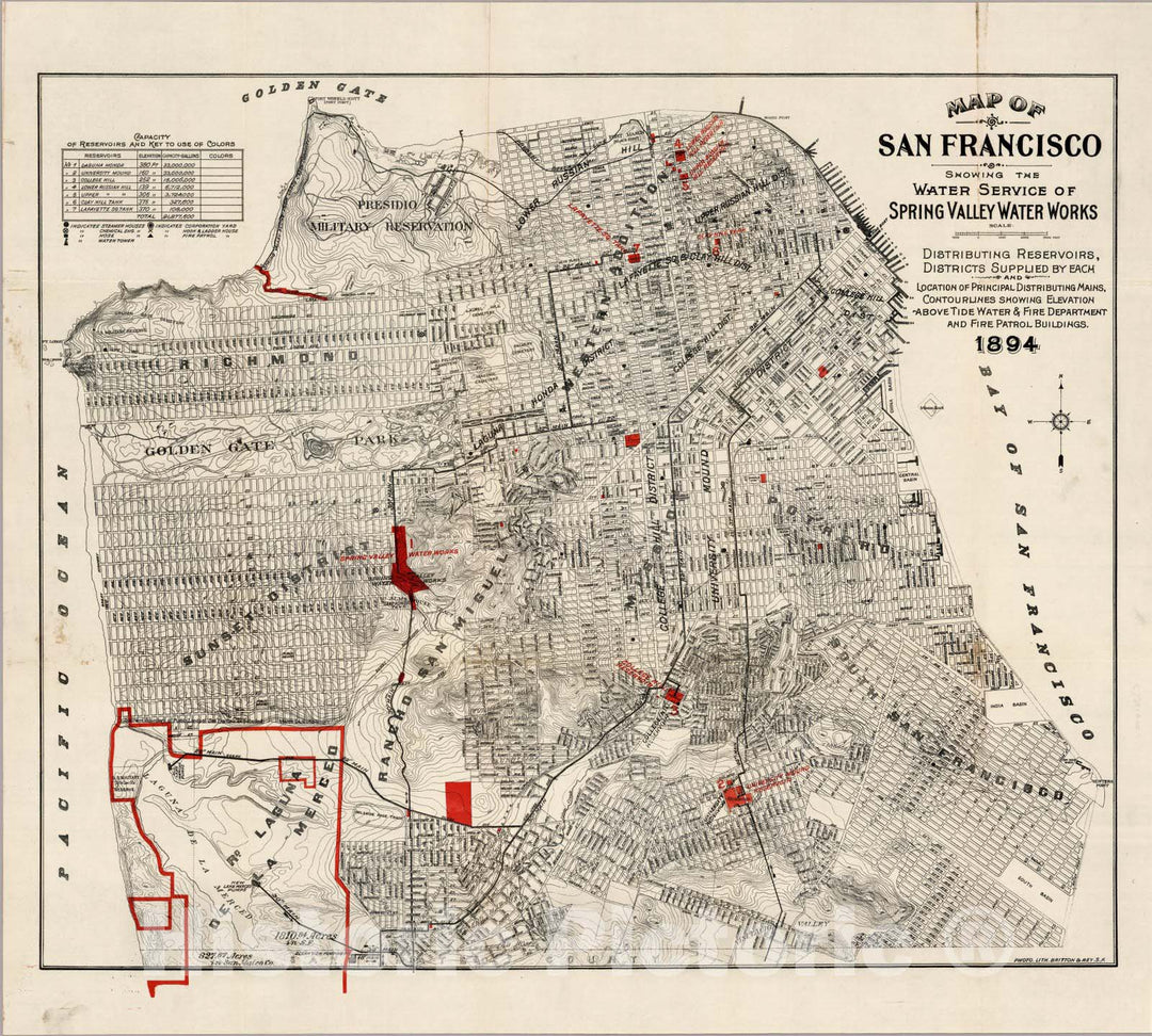 Historic Map : Map of San Francisco Showing The Water Service of Spring Valley Water Works, 1894 - Vintage Wall Art