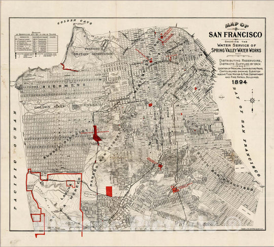 Historic Map : Map of San Francisco Showing The Water Service of Spring Valley Water Works, 1894 - Vintage Wall Art