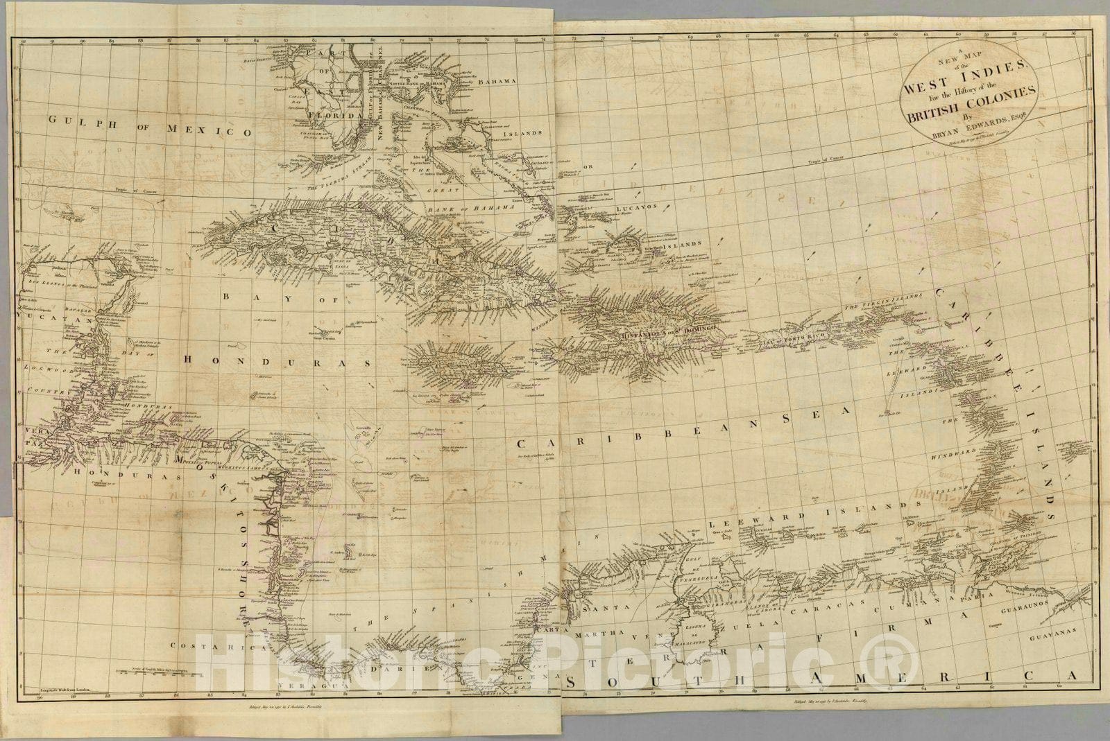 Historic Map : Map of the West Indies for the History of the British Colonies, 1793 - Vintage Wall Art