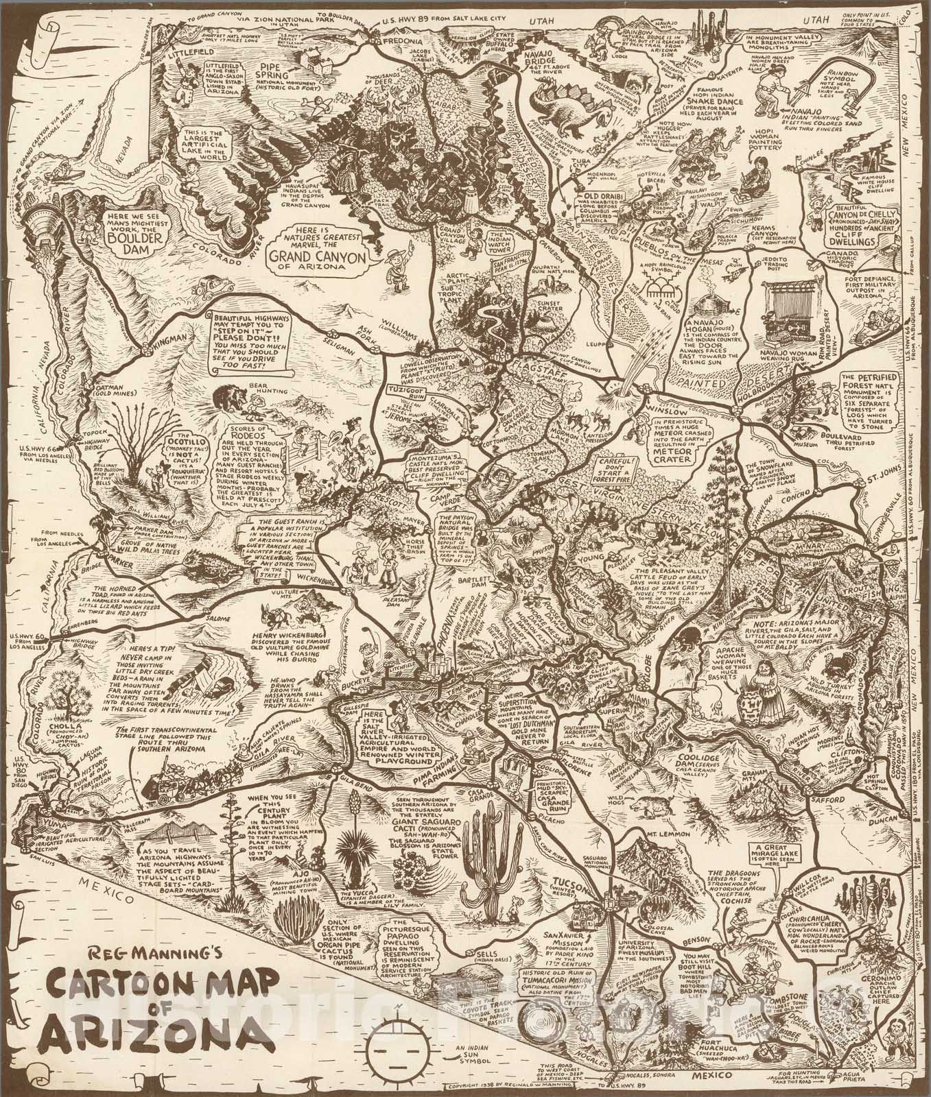 Historic Map : Reg Mannning's Cartoon Map of Arizona, 1938 - Vintage Wall Art