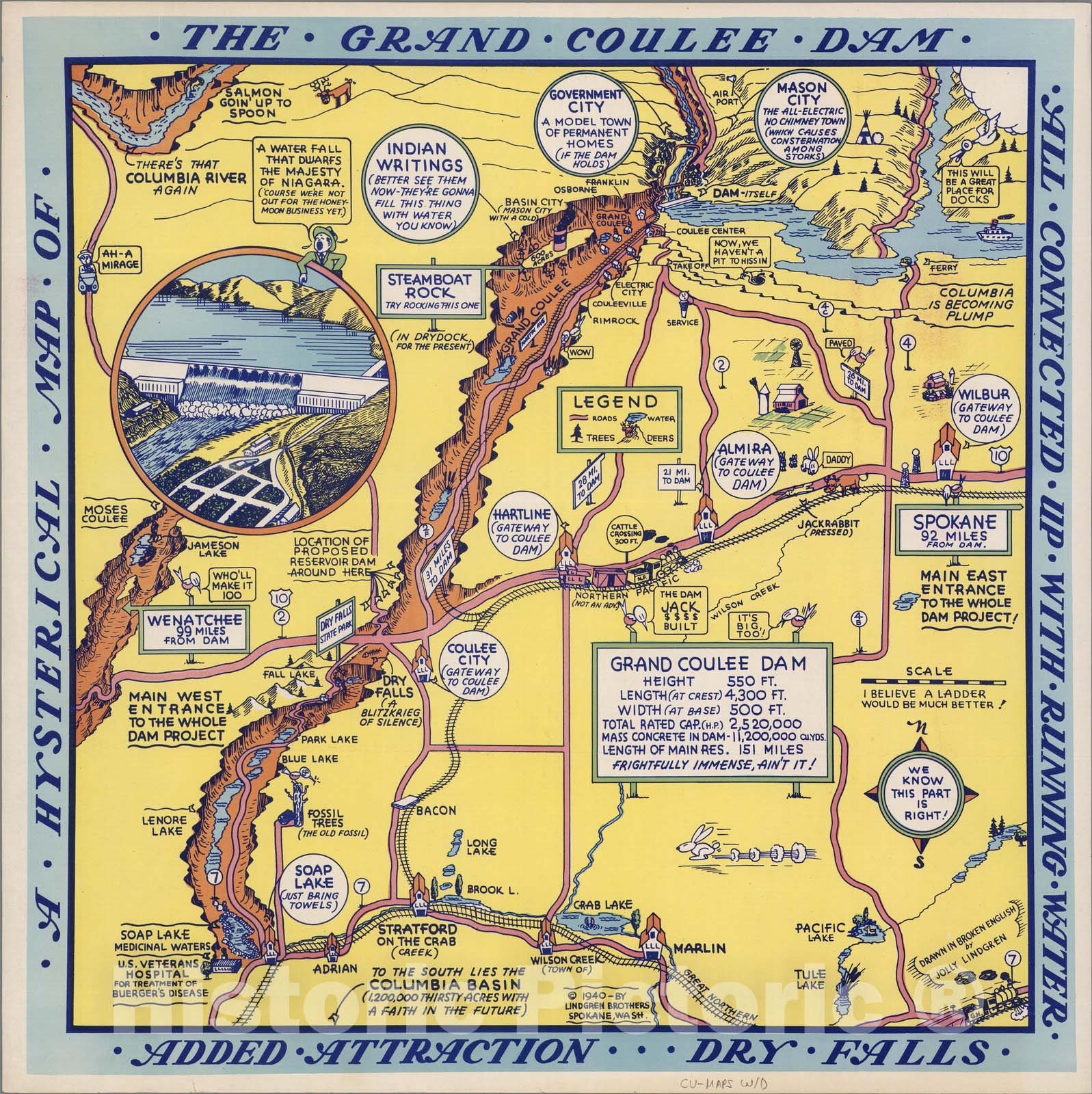Historic Map A Hysterical Map of the Grand Coulee Dam, 1940 Vintag