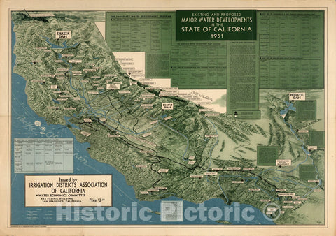 Historic Map : Existing and Proposed Water Developments in the State of California, 1951. 1951 - Vintage Wall Art