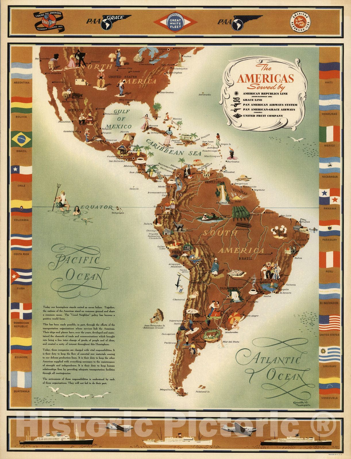 Historic Map : The Americas Served by American Republic Lines 1948 - Vintage Wall Art