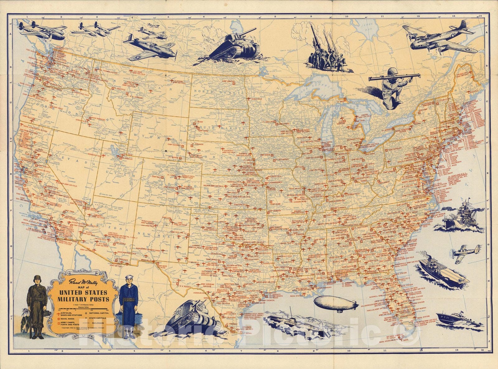 Historic Map : Rand McNally Map of United States Military Posts, 1944 - Vintage Wall Art