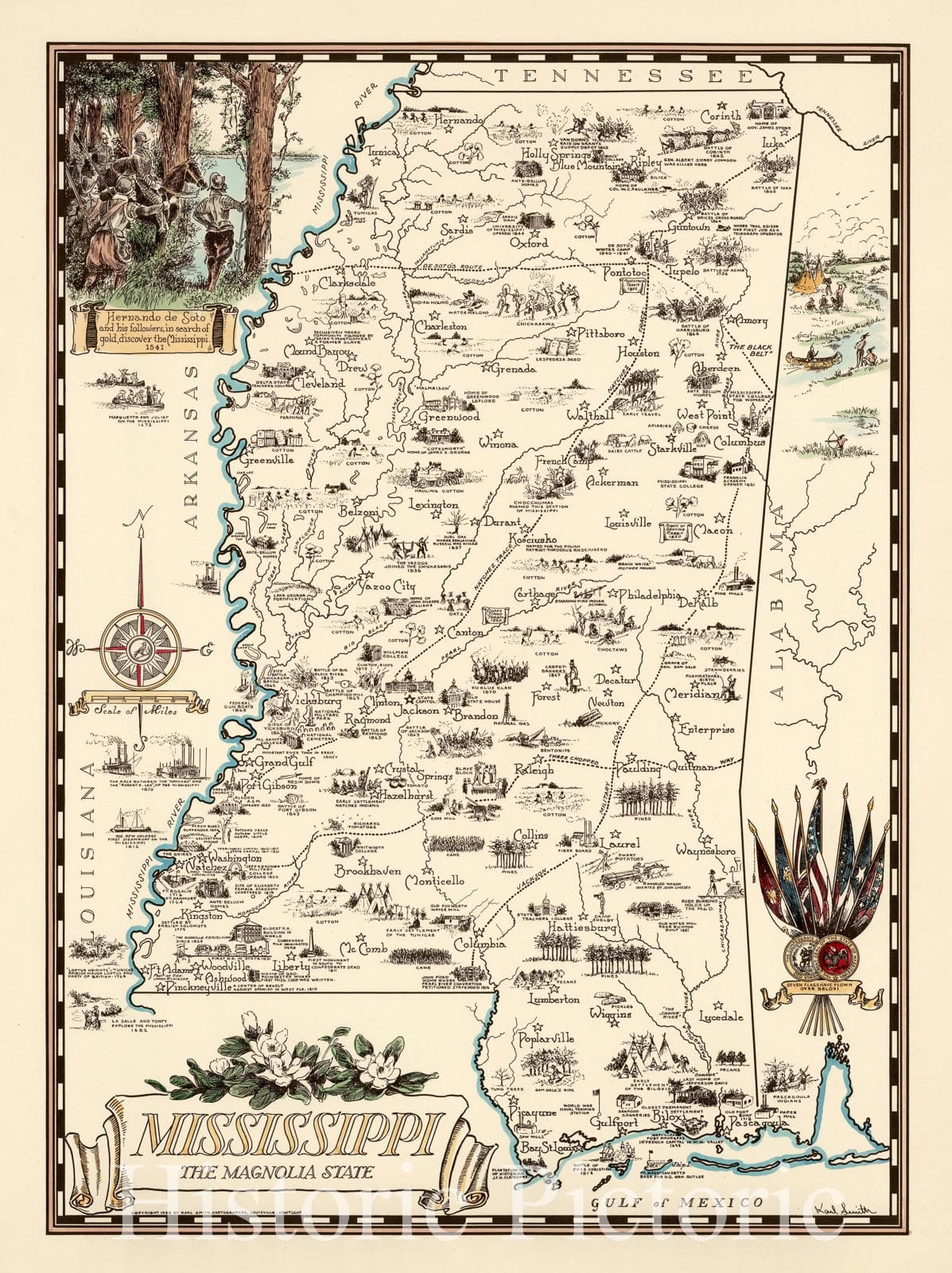 Historic Map : Mississippi the magnolia state 1938 - Vintage Wall Art