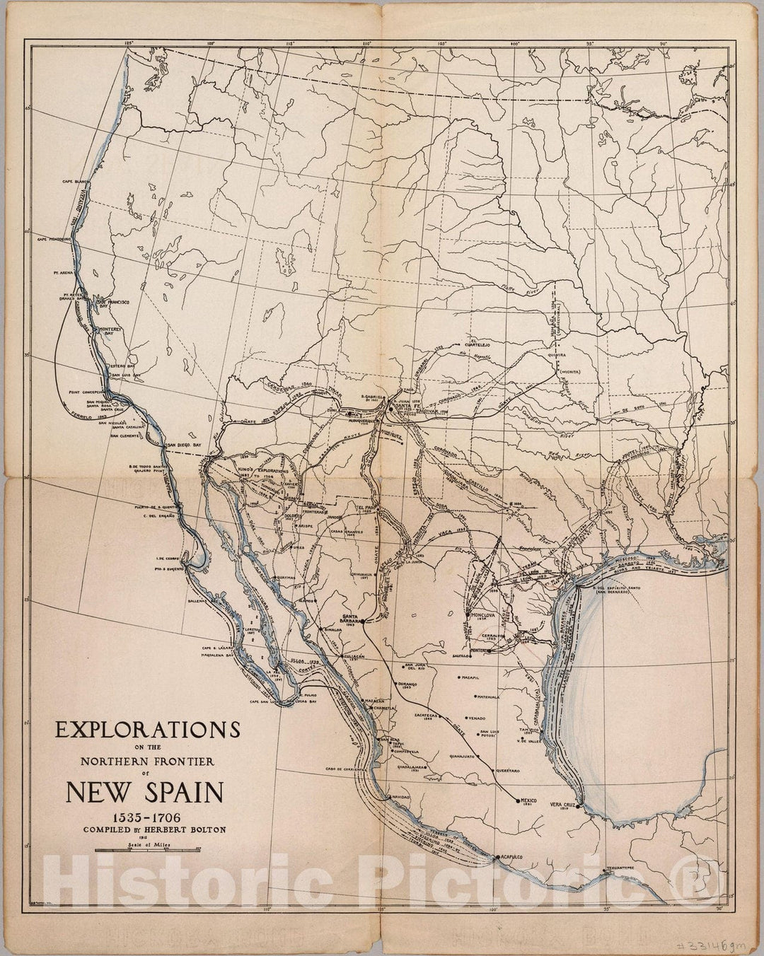 Historic Map : Explorations on the northern frontier of New Spain 1535-1706 1915 - Vintage Wall Art