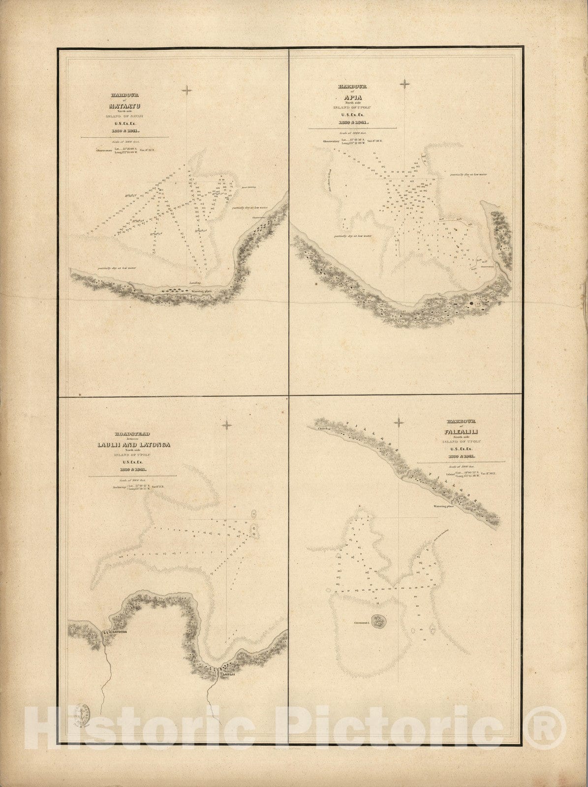 Historic Map : Samoa, Harbour of Mataatu, Island of Savaii. Harbour of Apia, Harbour of Falealili, Island of Upolu. 1839 , Vintage Wall Art