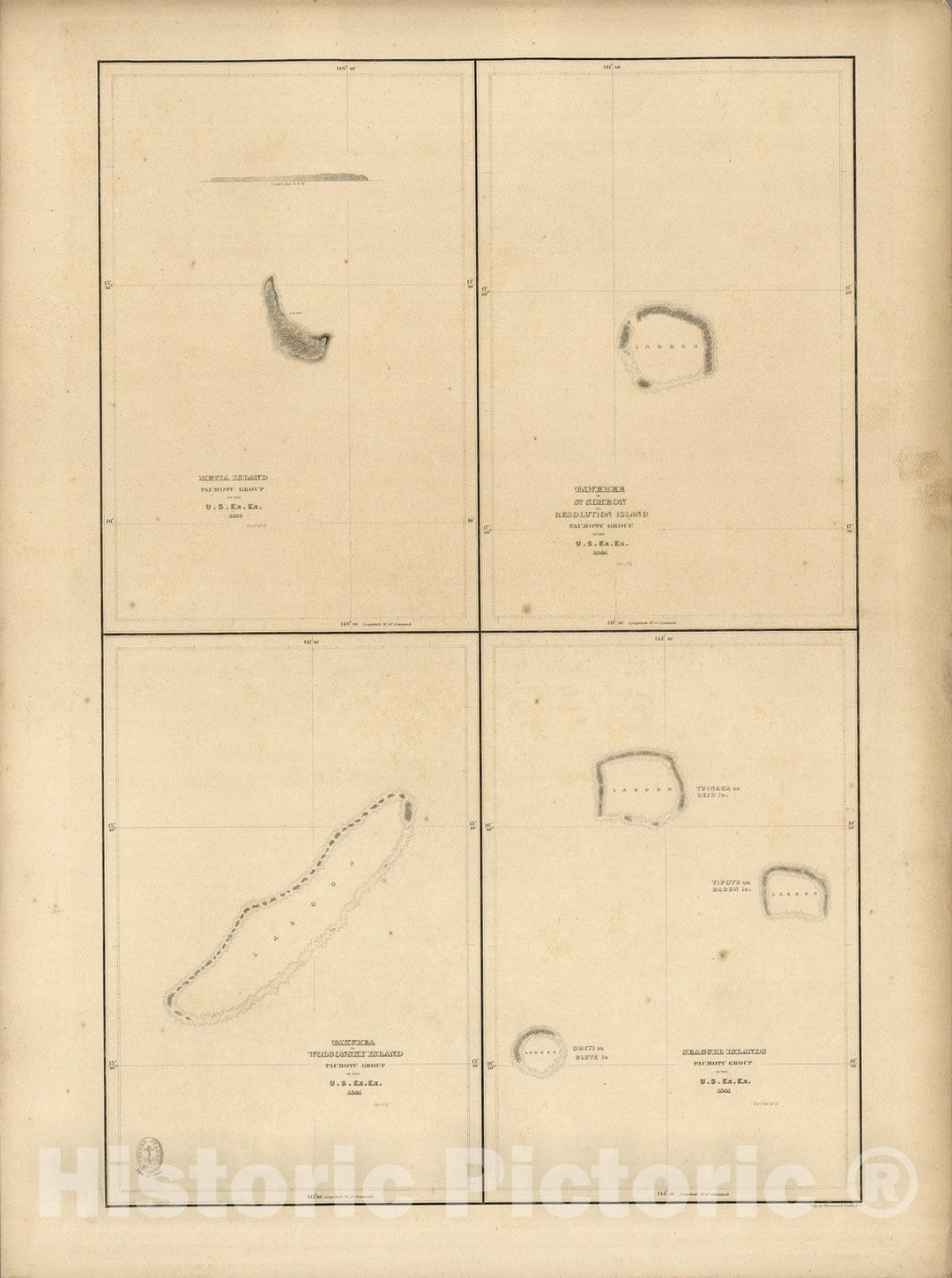 Historic Map : Makatea Island, Tauere, Takurea or Wolconsky Island,Seagull Islands, French Polynesia. 1841 - Vintage Wall Art