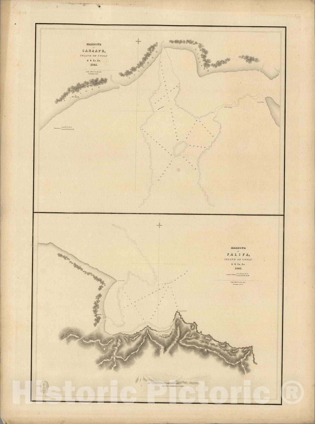 Historic Map : SamoaSamoa, Harbour of Sanaapu (Saanapi, Safatu, Safata) and Harbour of Falifa, Island of Upolu, Samoa. 1841 , Vintage Wall Art