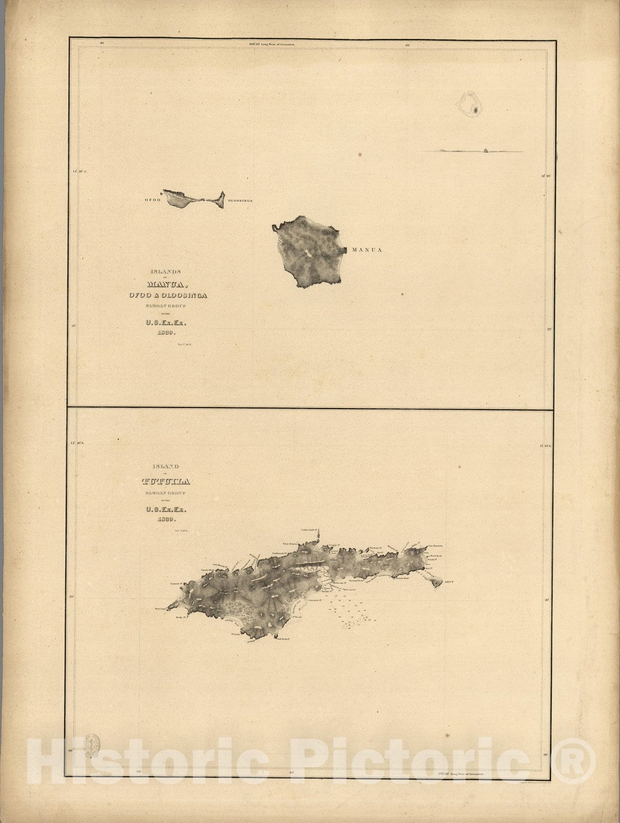 Historic Map : American Samoa, Islands of Manua (Manu'a), ofoo (Ofu), Oloosinga (Olosega), Tutuila (American Samoa). 1839 , Vintage Wall Art