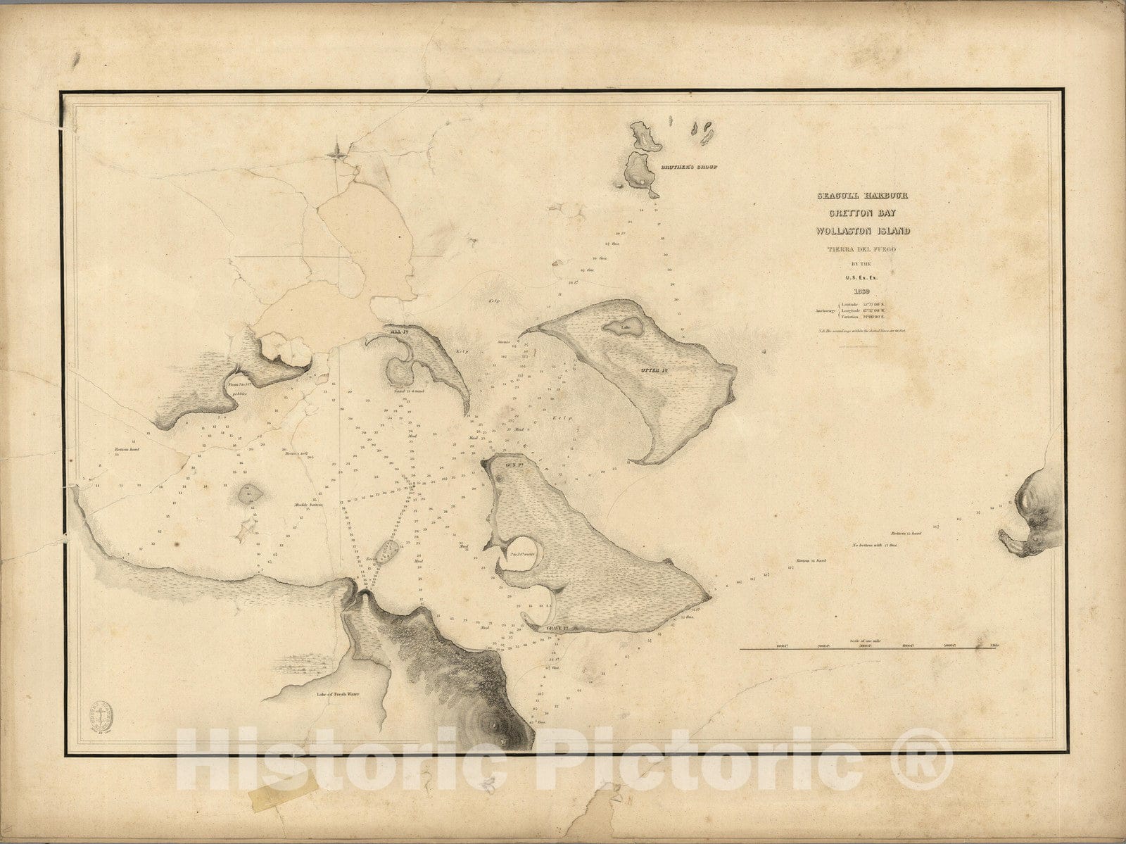Historic Map : Chile, Wollaston Island, Tierra del Fuego, by the U.S.Ex.Ex. 1839. (Parc Nacional Cabo de Hornos, Chile). 1841 , Vintage Wall Art